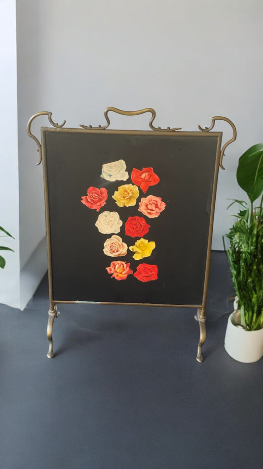 Vintage brass & glass fire screen with flower design