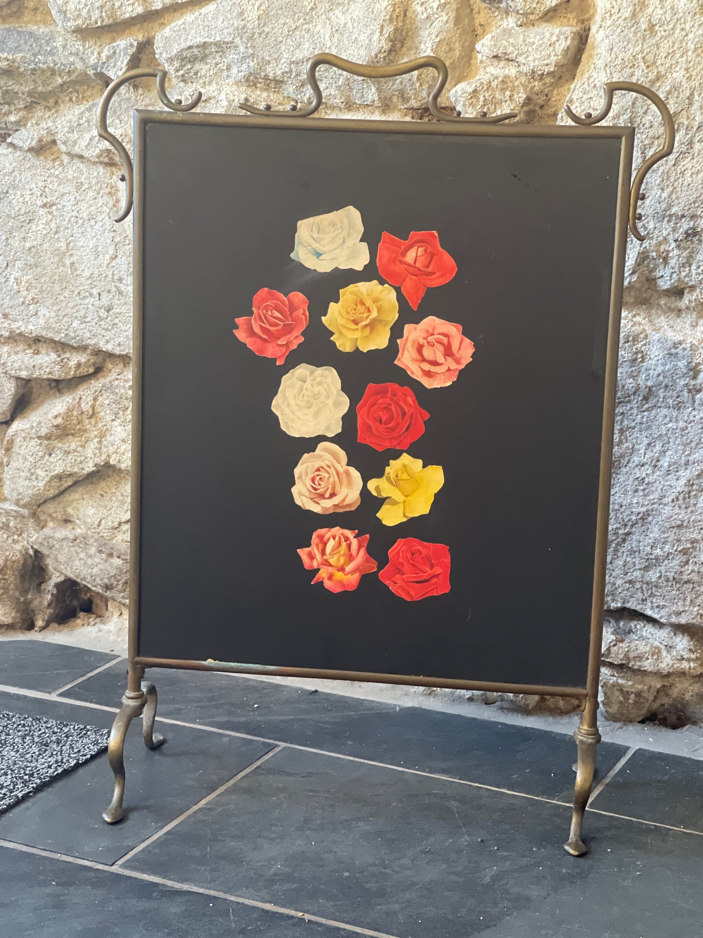 Vintage brass & glass fire screen with flower design