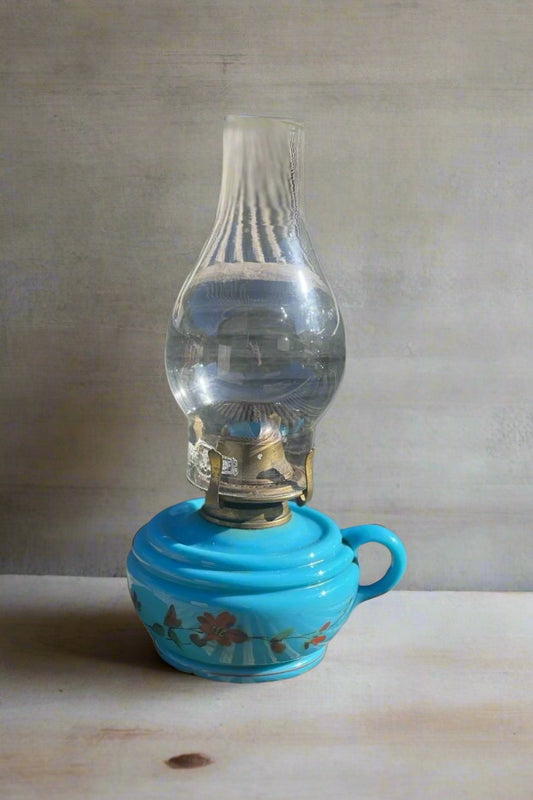 Vintage Blue Milk Glass Oil Lamp