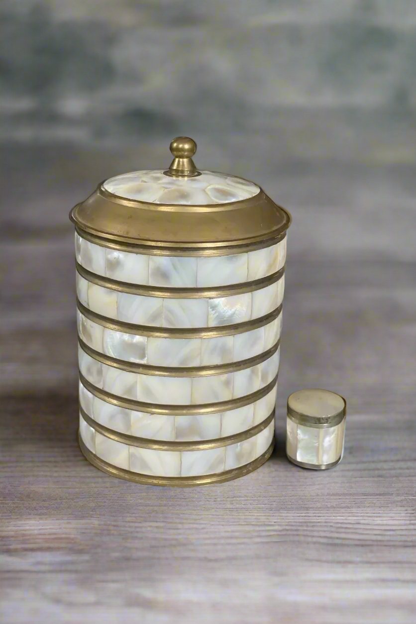 Lay-z-boy Mother of Pearl & Brass Lidded Jar/Trinket Box with small Trinket Box