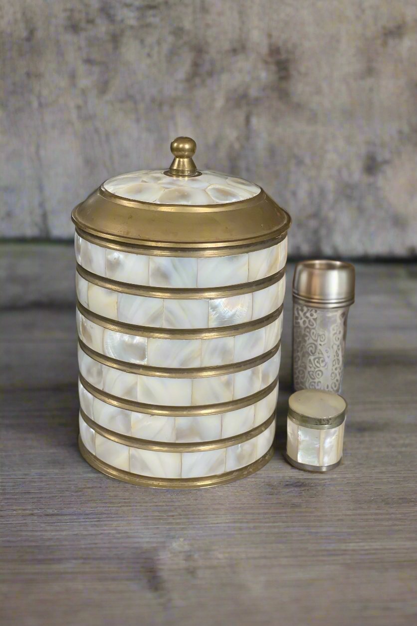 Lay-z-boy Mother of Pearl & Brass Lidded Jar/Trinket Box with small Trinket Box